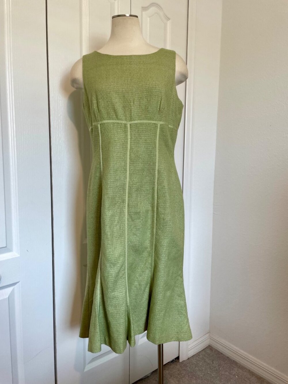 Vintage Talbots Classic Green Tweed Sleeveless Dress Ribbon + Ruffle Hem Size 12